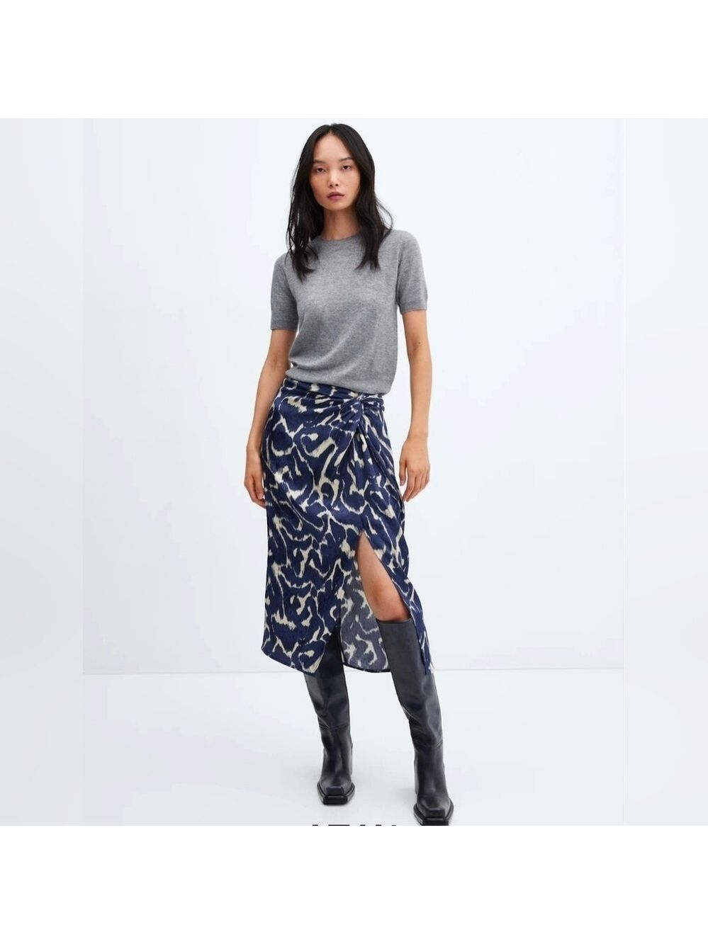 NWT Mango Blue and White Knot Print Midi Skirt Size M